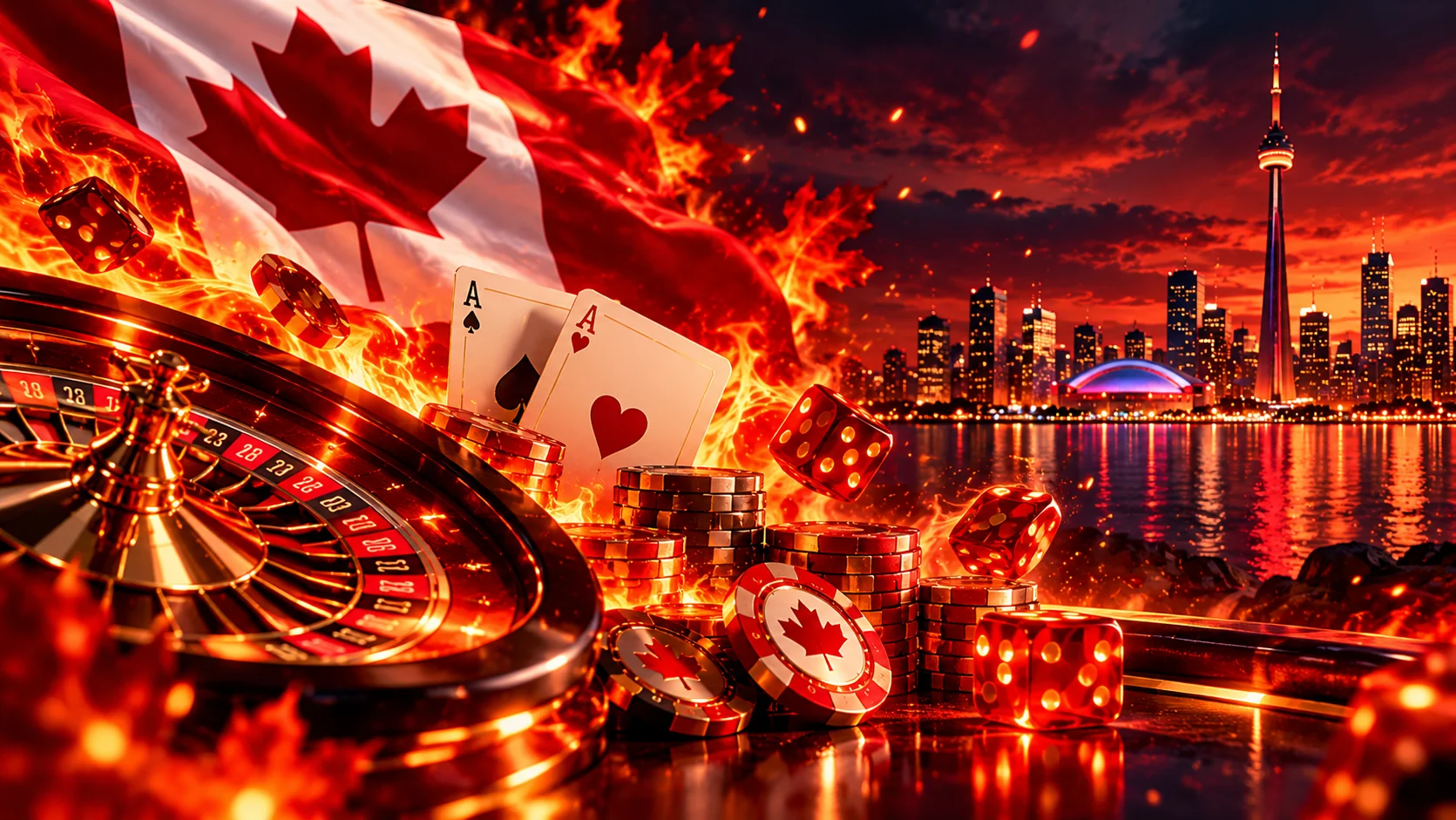 Casino-themed Canadian scene with roulette, cards and city skyline